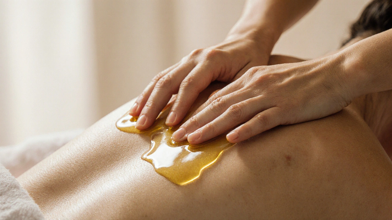 Hands applying warm oil in slow strokes to a bare back, no face visible.