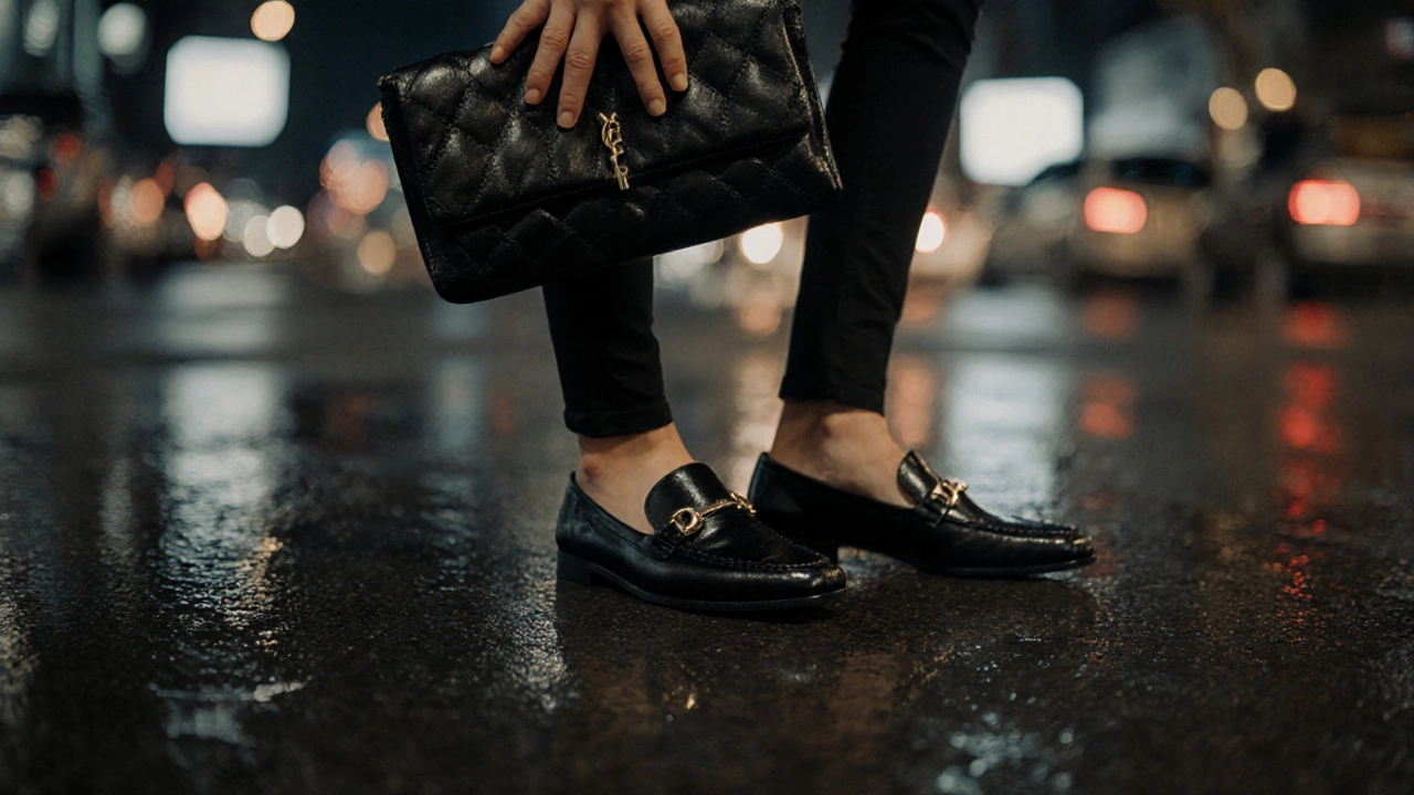 Hands holding a clutch and black loafers on a wet city street