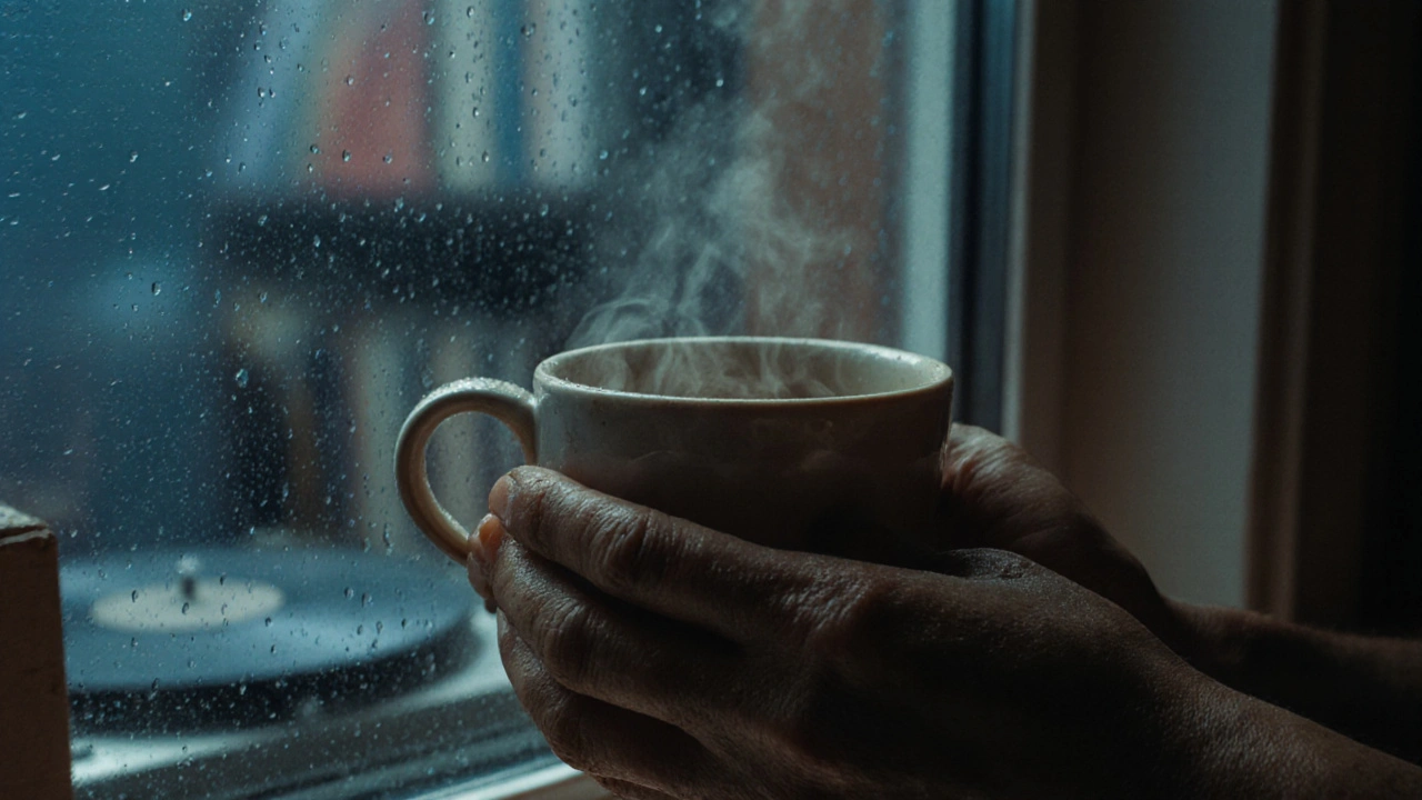 Hands holding a warm cup as rain falls on a window behind.