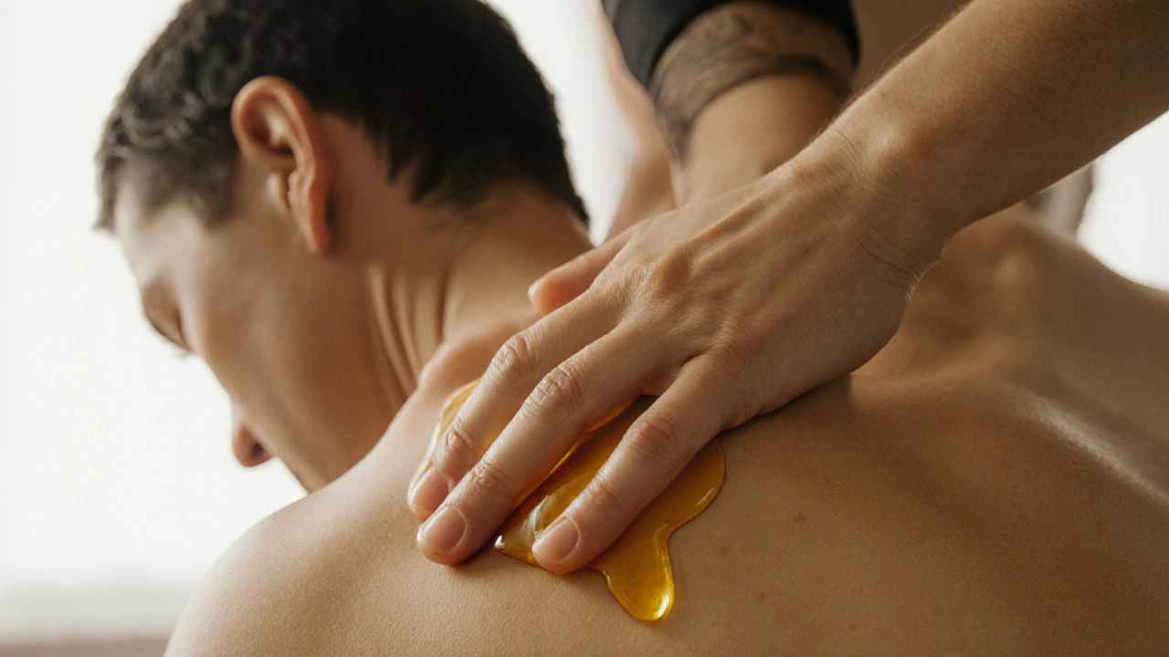 Hands massaging shoulder with oil, warm lighting highlighting skin and texture.