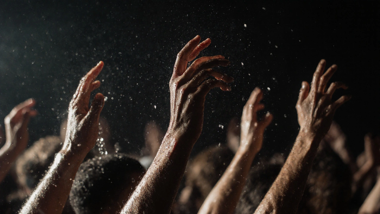 Hands raised in the air, backlit by a strobe, sweat glistening during a dance floor moment.