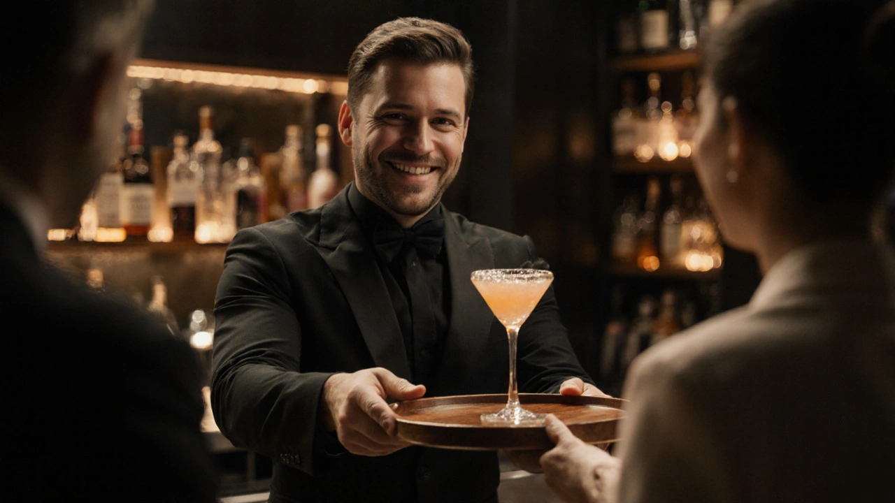 Host handing a guest a crafted cocktail with a warm smile