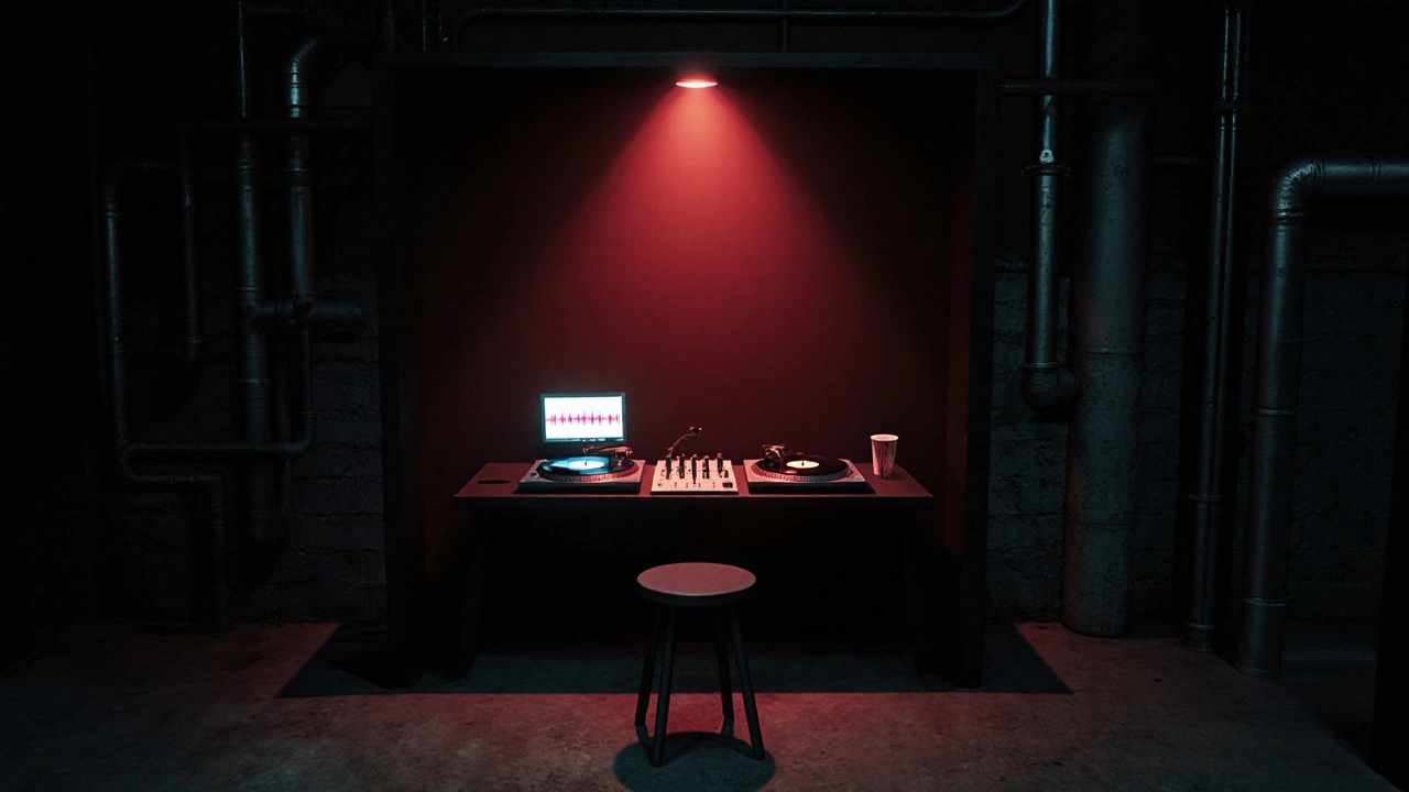 Minimalist DJ booth with two turntables and a single red light in a dark industrial space.