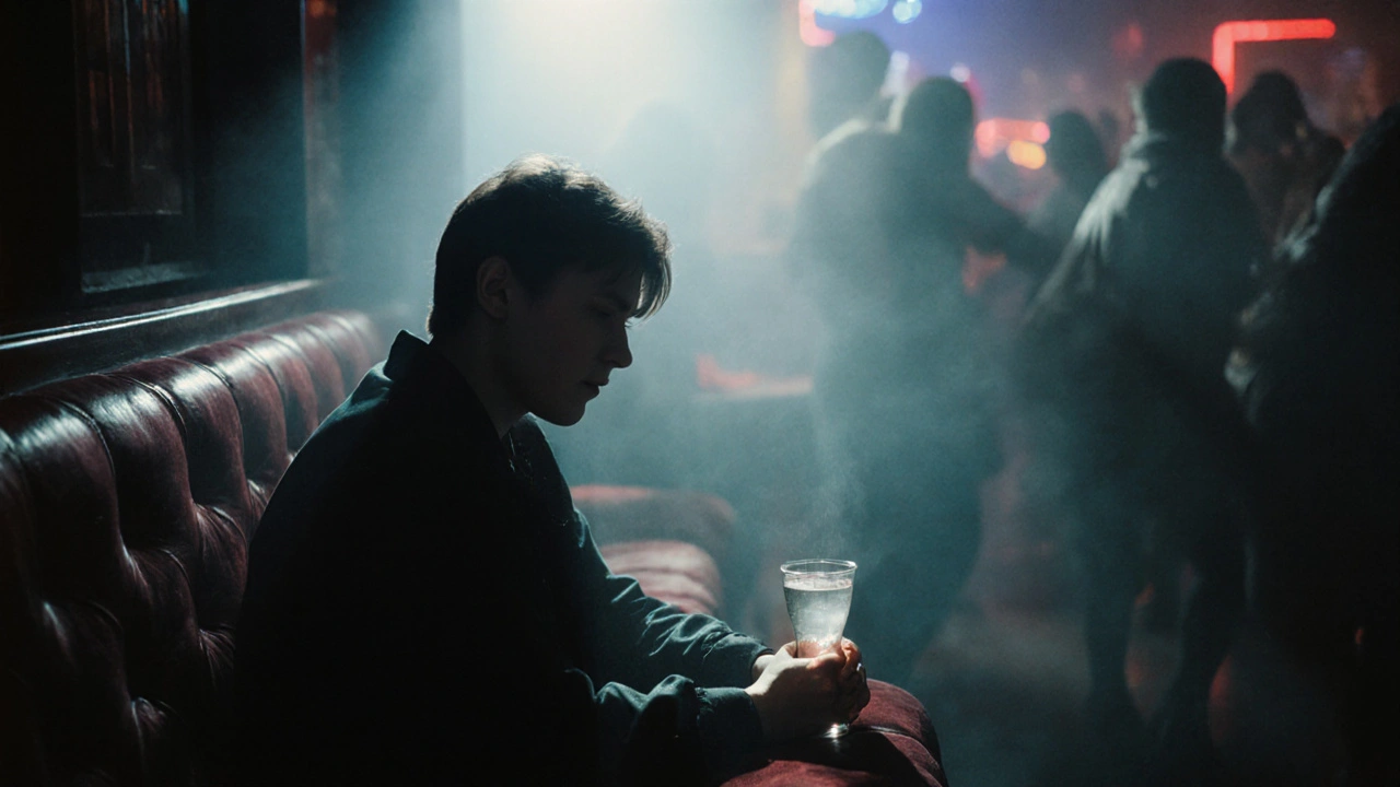 One person sitting quietly in a neon-lit club corner