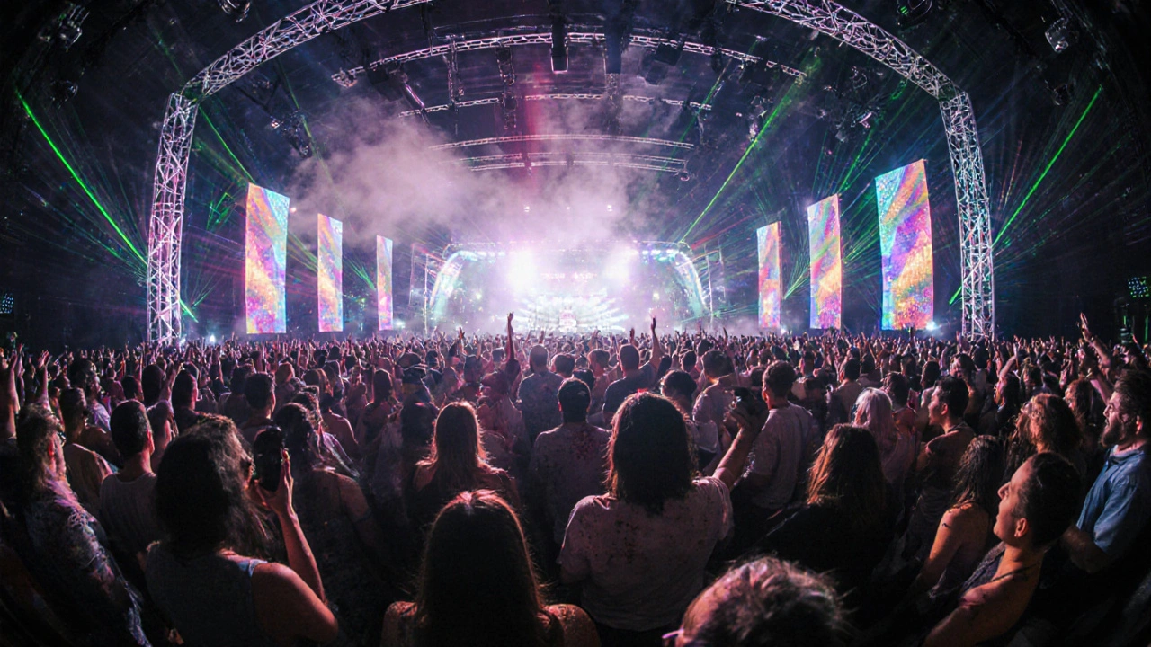 Packed dance floor with synchronized lighting and energetic crowd moving together