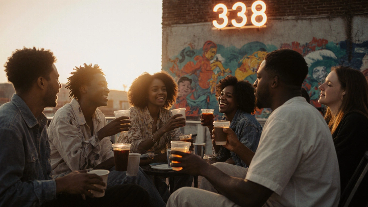 People chatting on Studio 338&#039;s outdoor terrace at sunrise after the party.