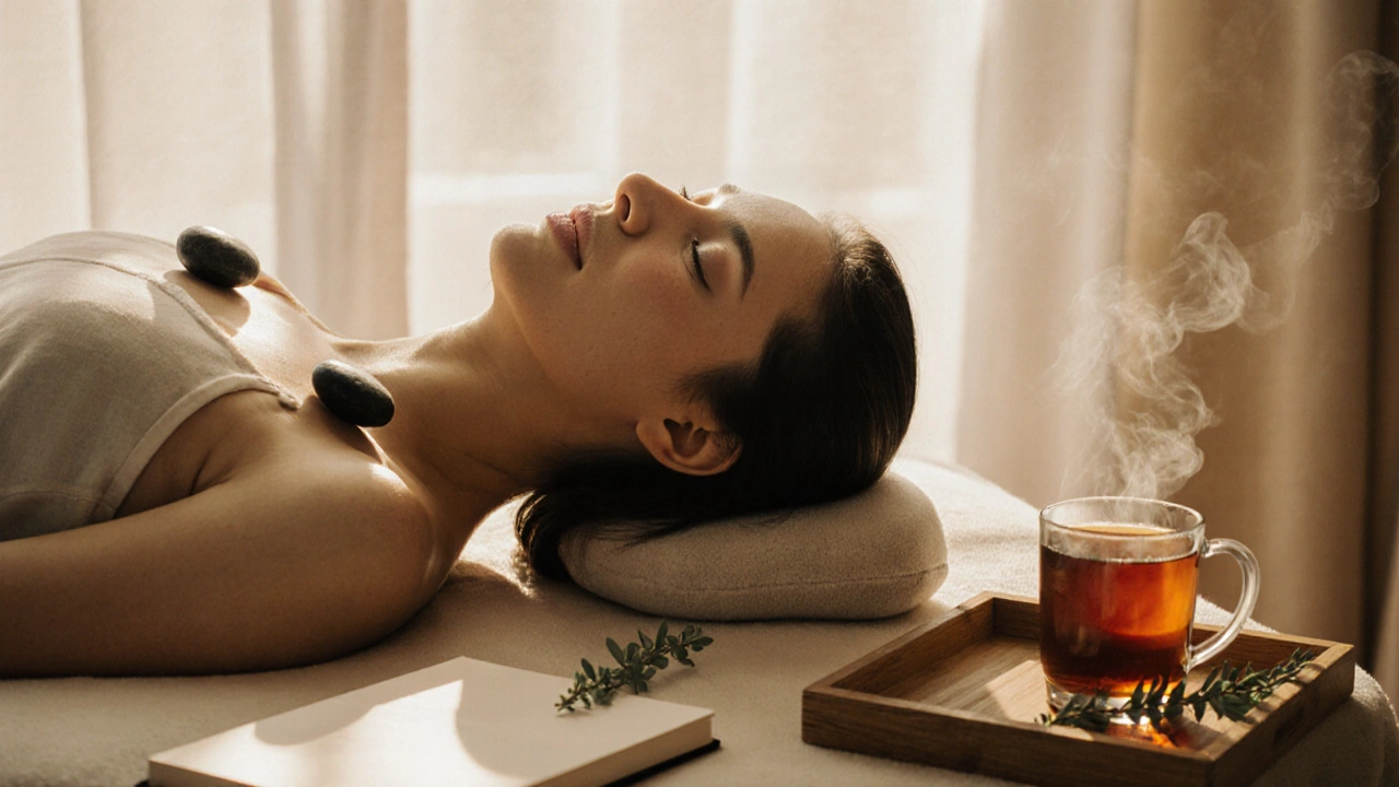 Person relaxing on a massage table with eyes closed, bathed in warm natural light.