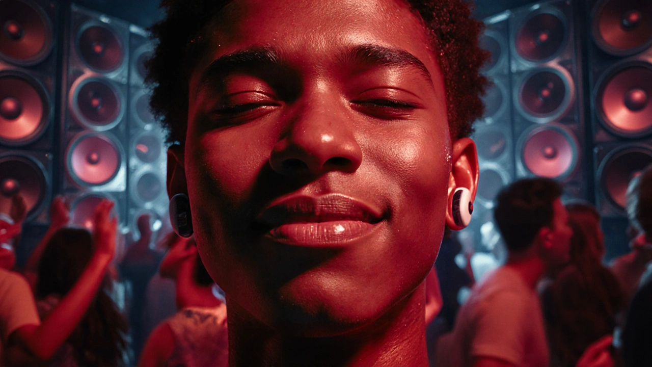 Person smiling with eyes closed, bathed in red light during a bass drop at Printworks London.