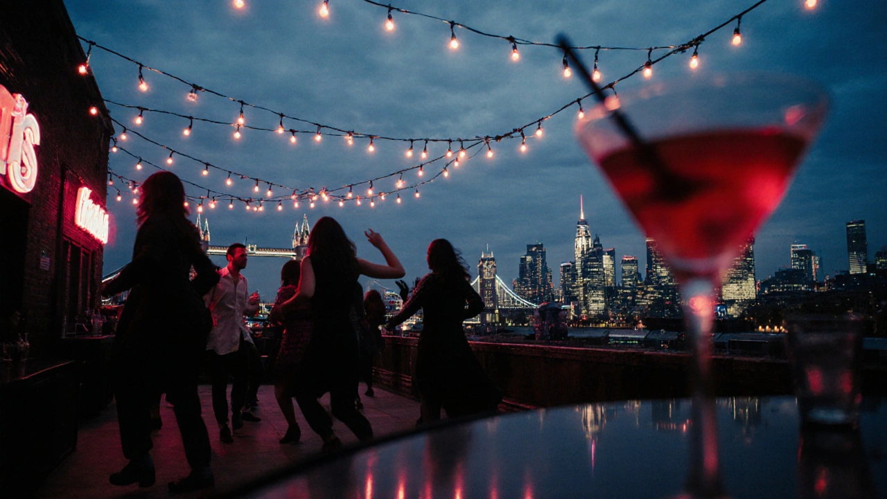 Rooftop bar in Shoreditch with city skyline glowing behind dancers under fairy lights.