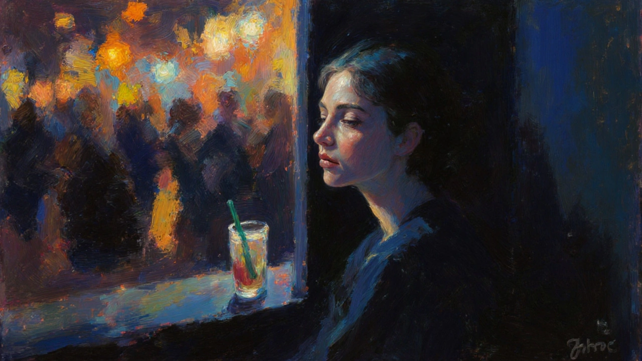 Solitary person smiling in a quiet corner of a nightclub, lights blurred around them