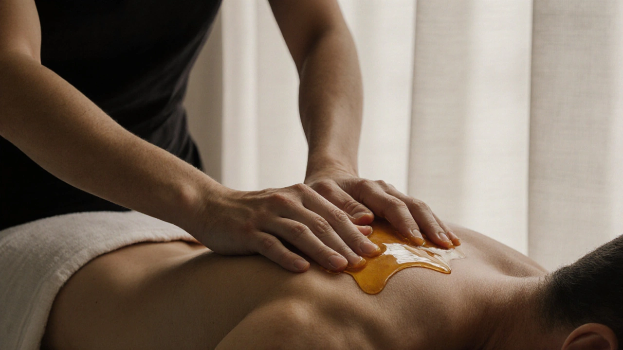 Therapist's hands applying oil to a shoulder, showing gentle pressure and skin texture in natural light.
