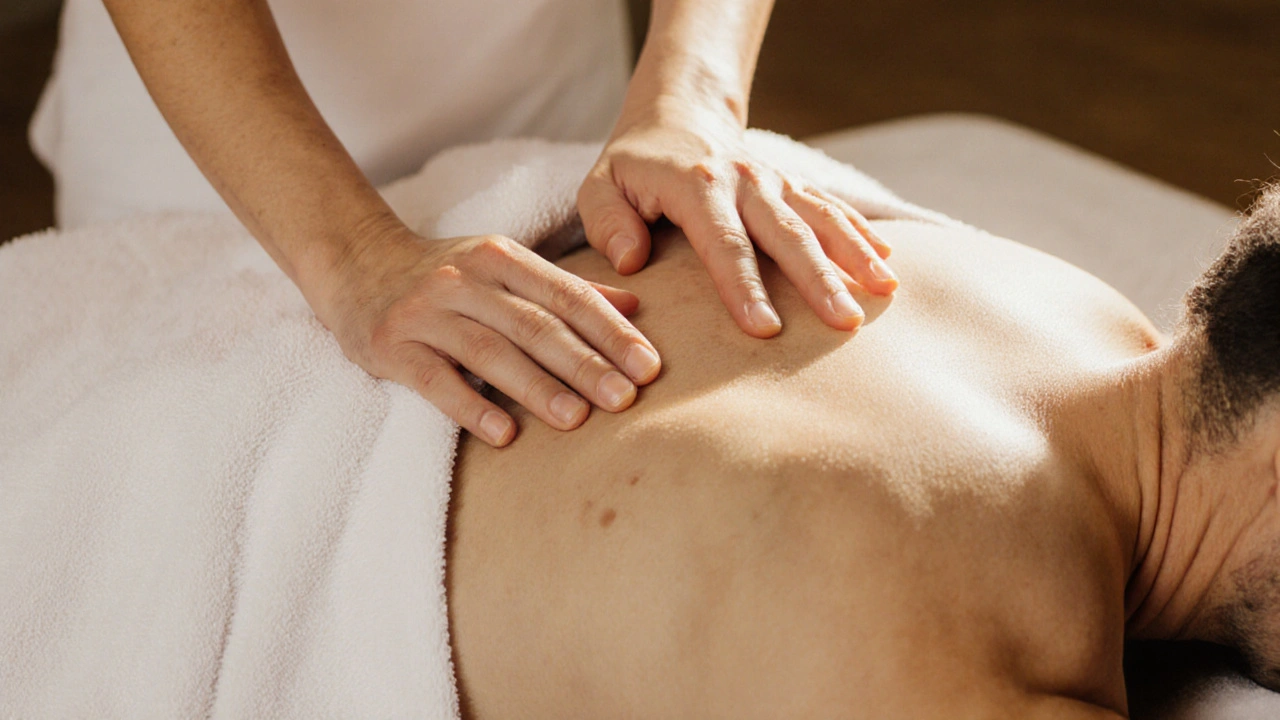 Therapist&#039;s hands gently massaging a client&#039;s back under a white towel.