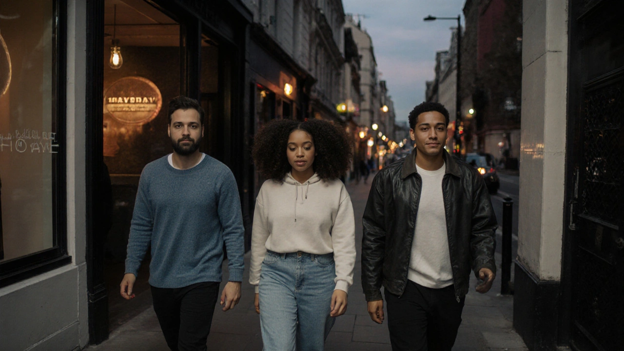 Three people walking calmly from a massage studio, looking relaxed and at peace.
