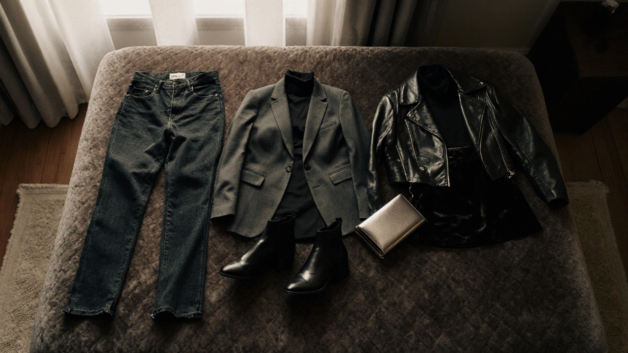 Three stylish outfits laid out on a bed with accessories