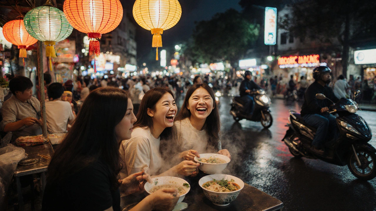 Three women laughing while eating street food in Hanoi under colorful lanterns.