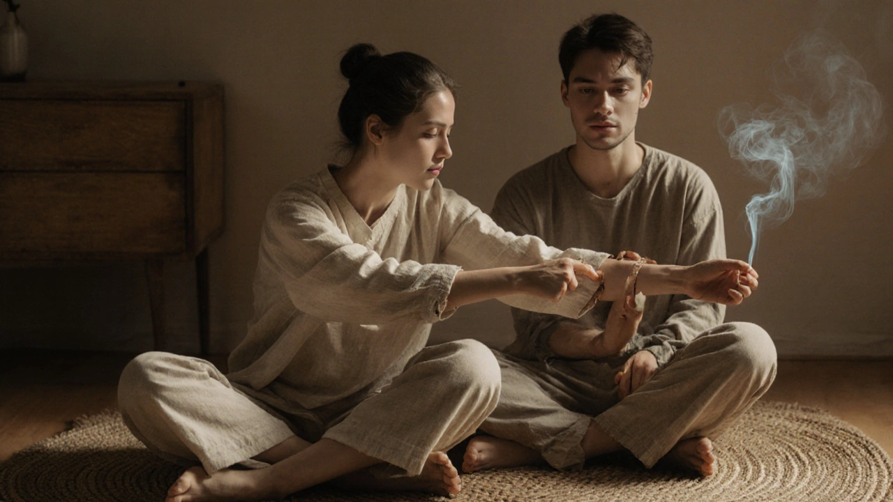 Two people gently stretching each other&#039;s arms on a floor mat