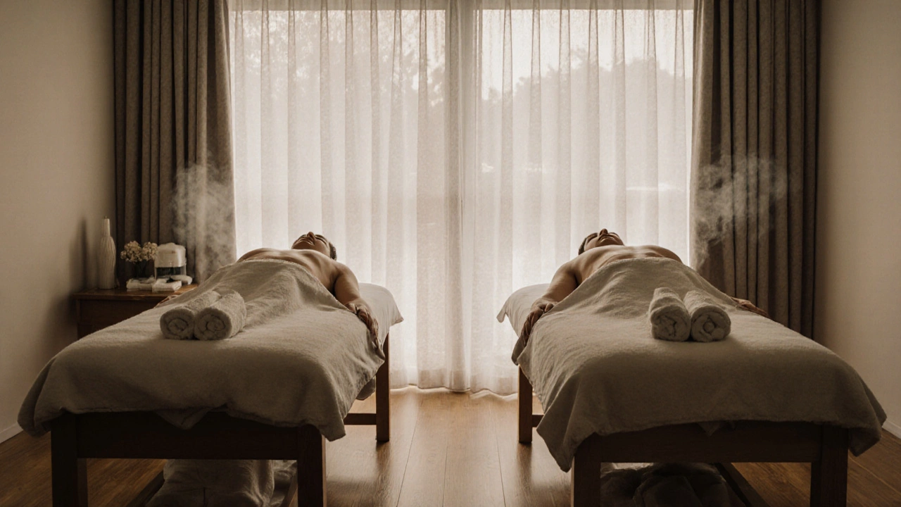 Two people relaxing in separate massage rooms, each calm and at ease.