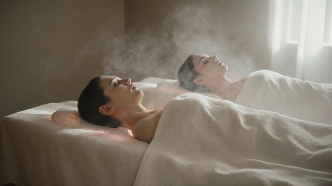 Two people relaxing side by side on massage tables in a quiet spa, both peacefully closed-eyed.