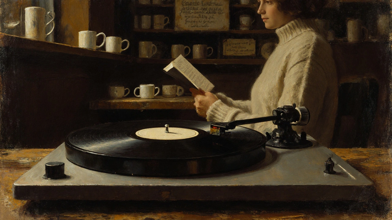 Vinyl record spinning softly beside a reader at a wooden table.