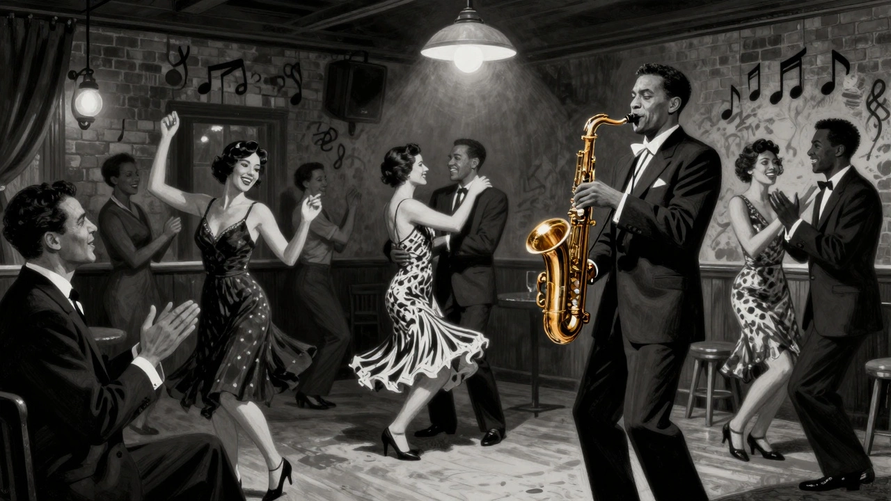 1920s Harlem jazz club with dancers and a saxophonist under a golden lamp