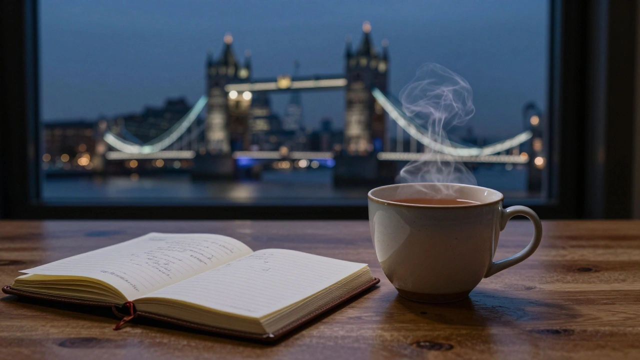 A cup of tea and open notebook beside a window showing London's nighttime skyline.