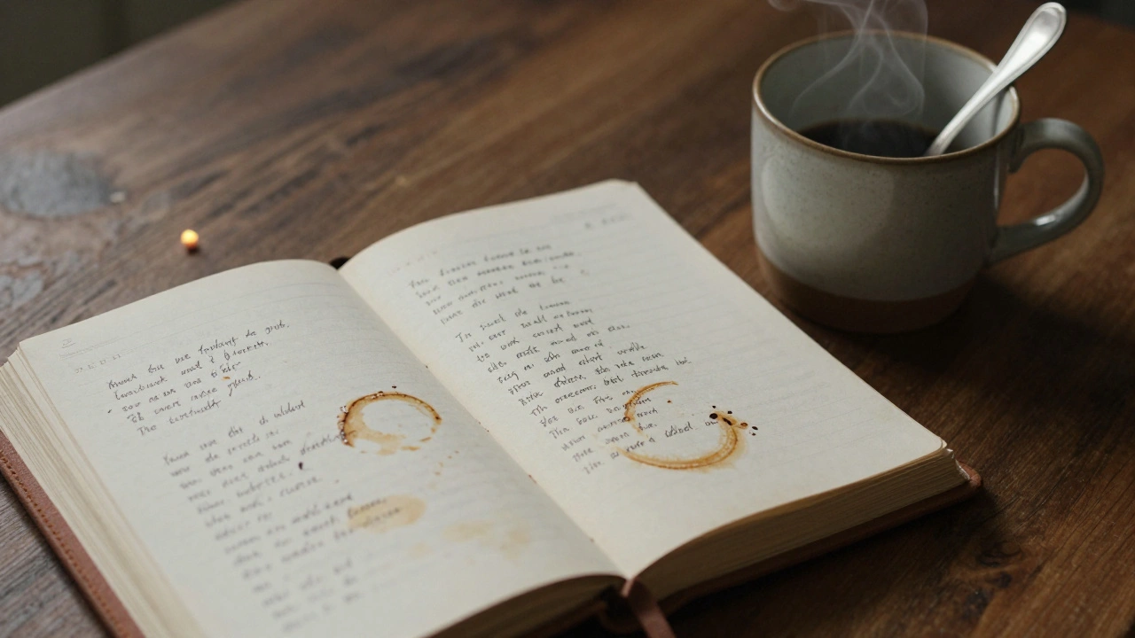 A handwritten journal with coffee stains and scribbled notes beside a ceramic mug on a wooden table.