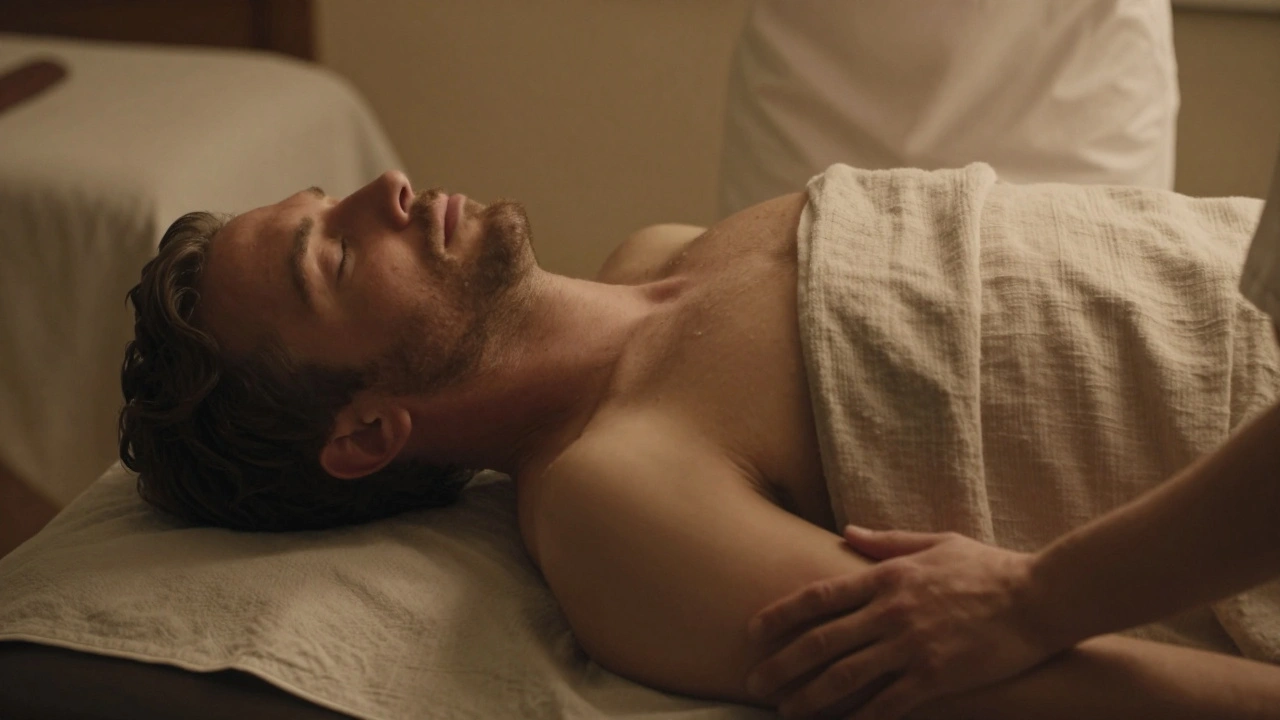 A man lying peacefully on a massage table, eyes closed, one hand on his chest.