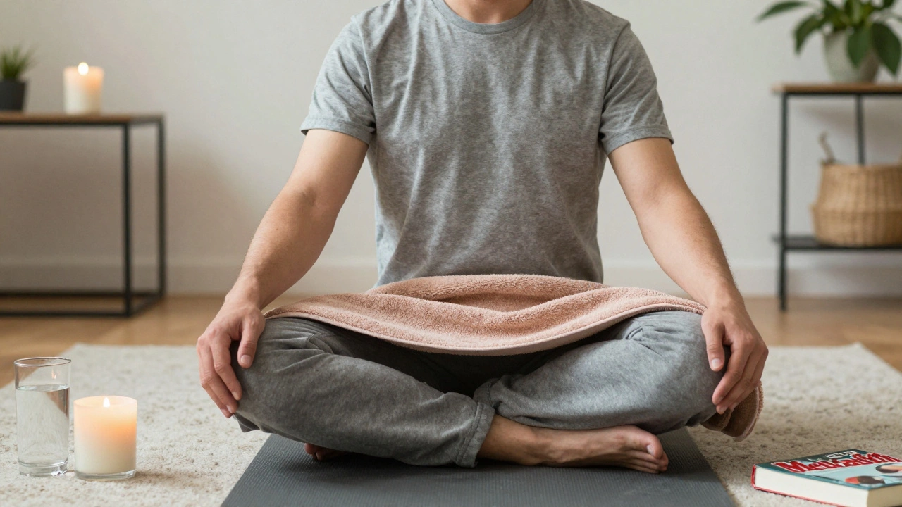 A man meditating with a warm towel on his lower abdomen in a serene home setting.