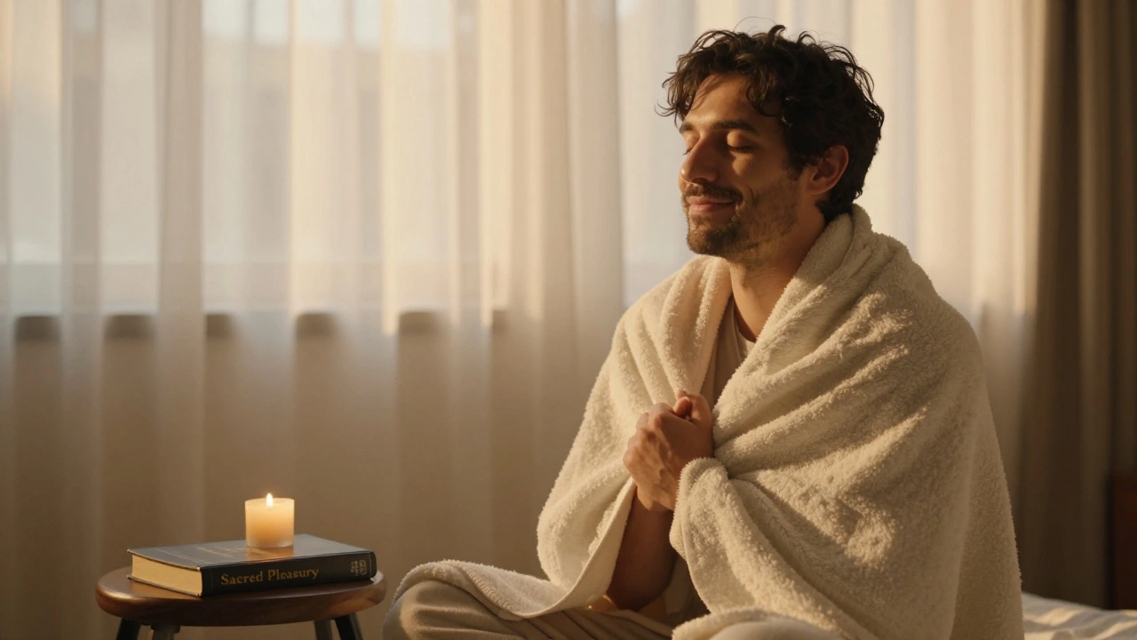 A man wrapped in a towel, eyes closed, smiling peacefully after a massage session.