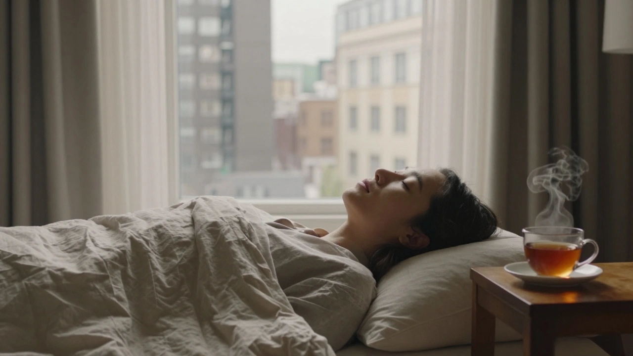 A person lying peacefully under a linen sheet, calm and relaxed in a serene space.