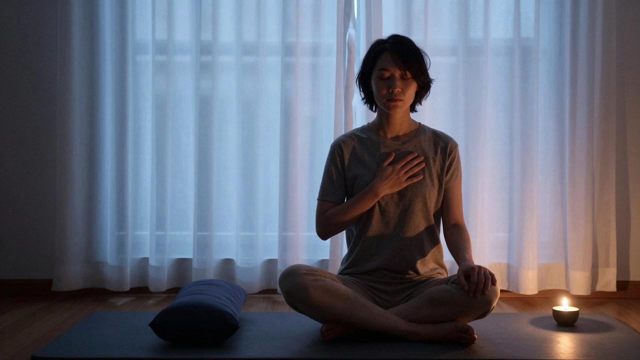 A person meditating alone with one hand on their heart, surrounded by soft light and tranquil elements.