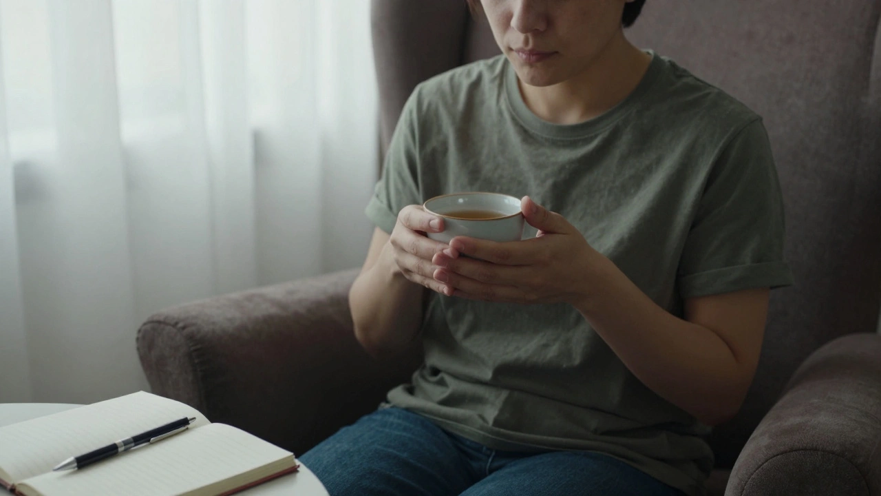 A person sitting peacefully with tea after a massage, eyes closed, in a quiet, sunlit room.