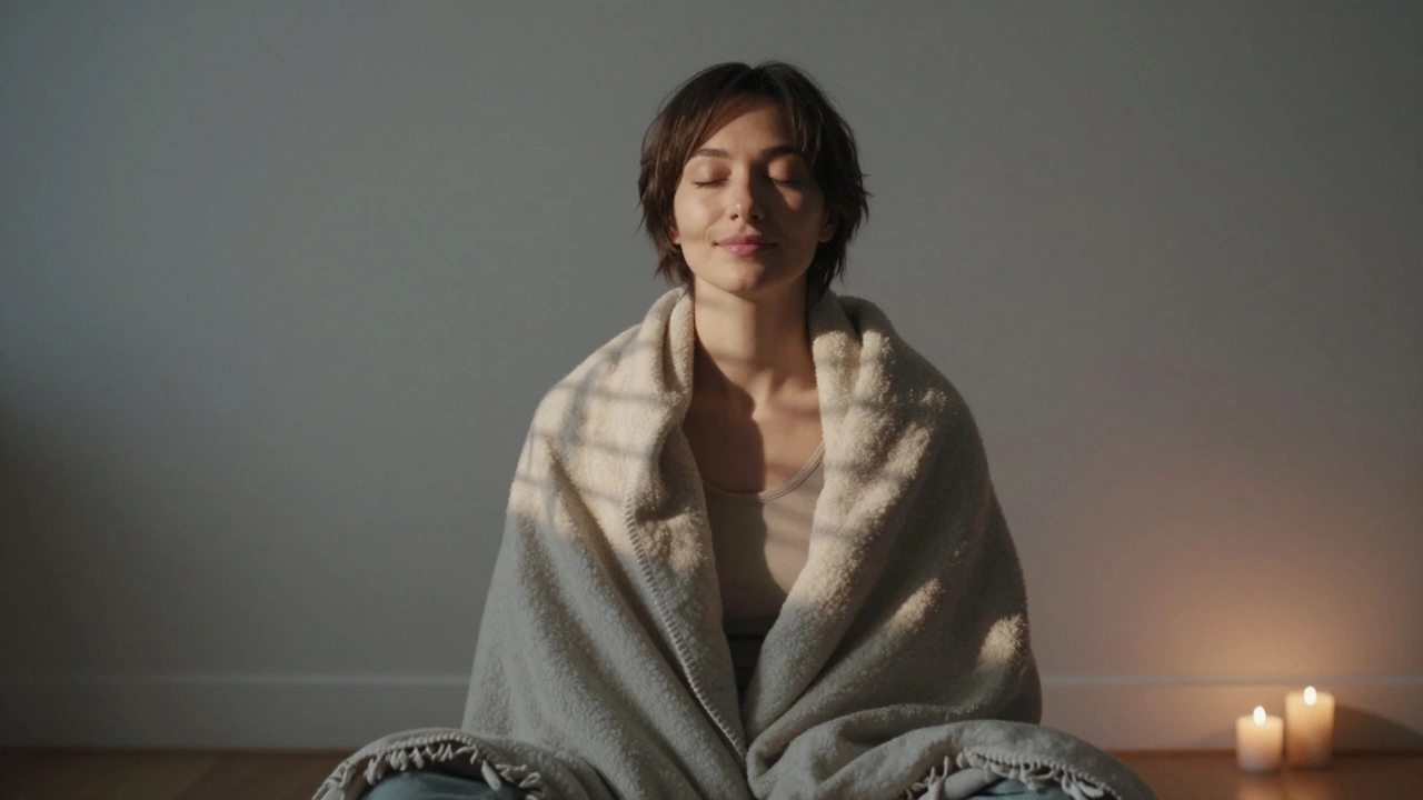 A person sitting quietly after a tantric session, eyes closed, smiling peacefully.