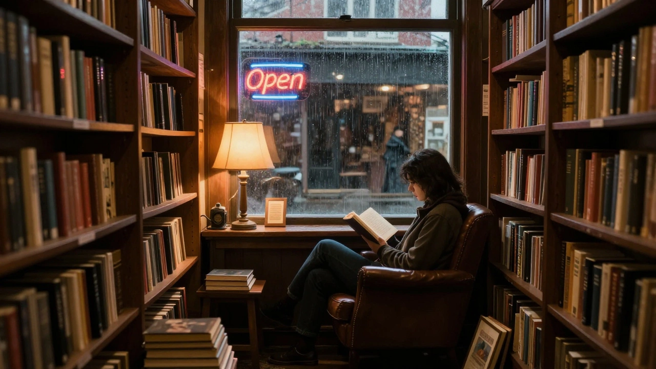 A quiet 24-hour bookshop interior with one reader seated by a window.