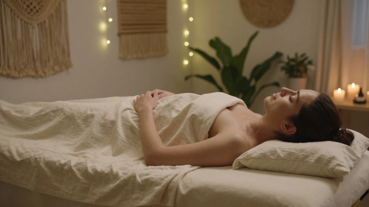 A woman lying peacefully on a massage table, covered with a cotton sheet, eyes closed in relaxation.