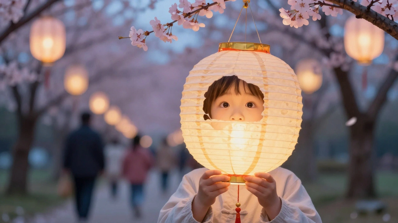 Child smiling with wonder, lit by a glowing lantern during a spring festival.