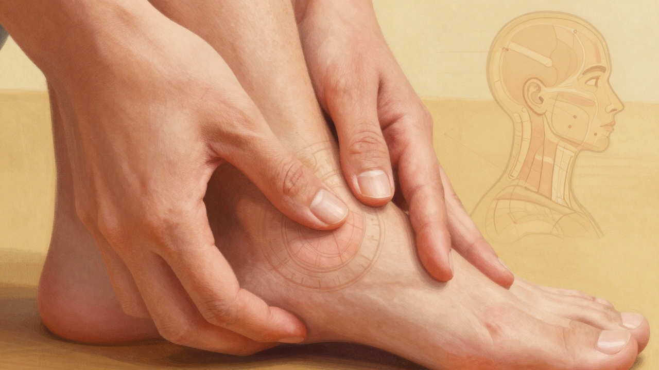 Close-up of thumbs pressing on the ball of a foot with reflexology zones indicated.