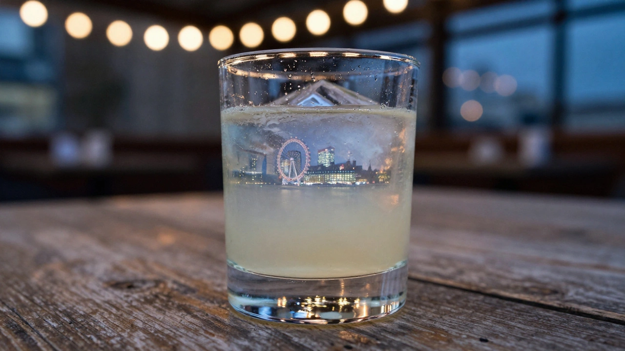 Cocktail in glass with city lights reflected in the drink on a wooden table.