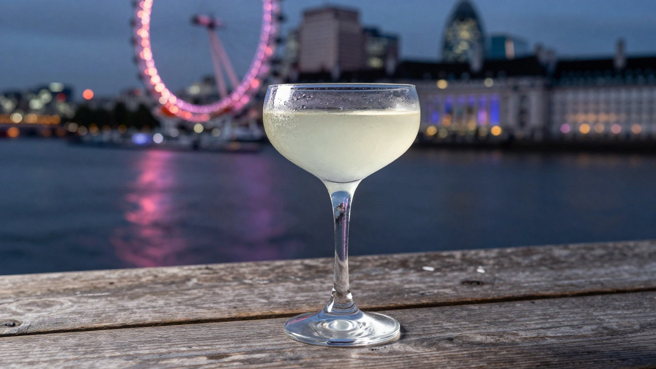 Cocktail on wooden table with London skyline reflected in the Thames