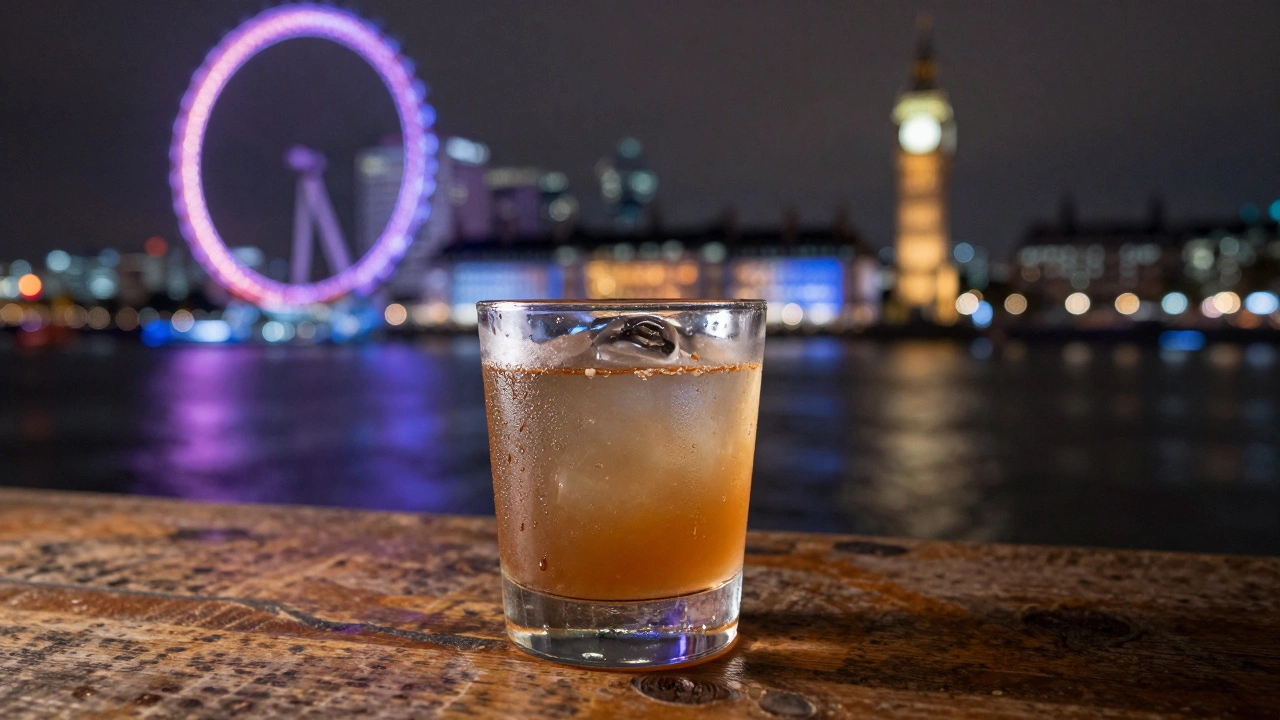 Cocktail on wooden table with reflections of London&#039;s skyline on dark river water