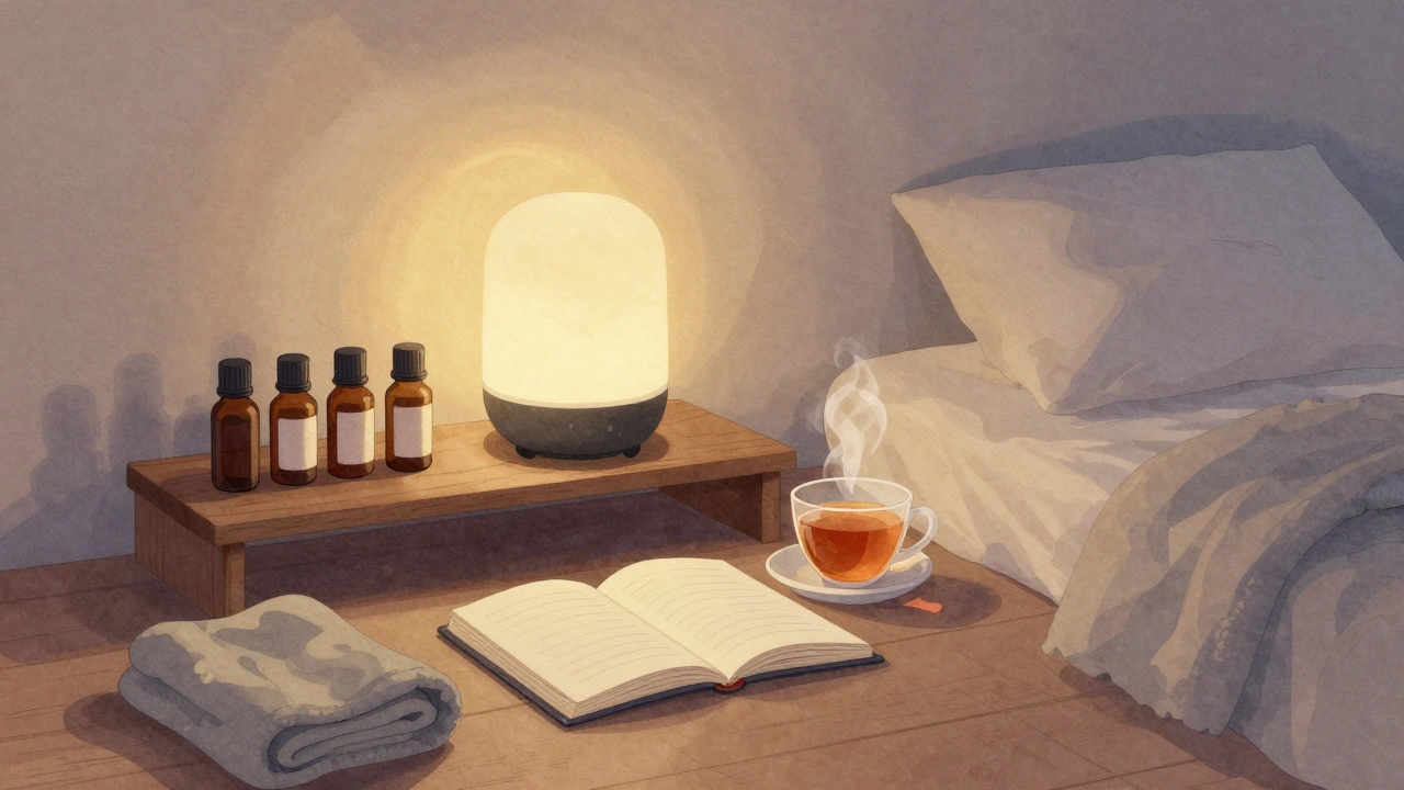 Cozy bedroom with diffuser, oil bottles, journal, and tea in warm evening light.