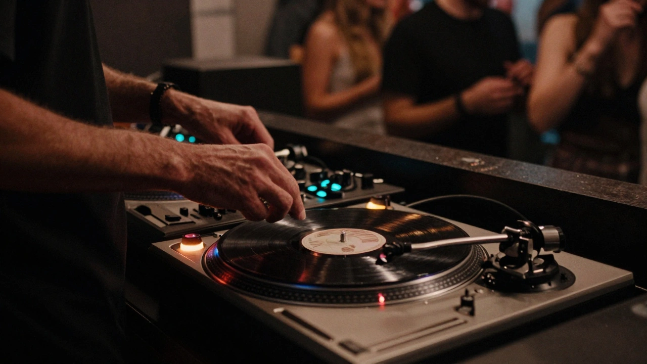 DJ's hands on turntables with glowing lights and blurred crowd behind