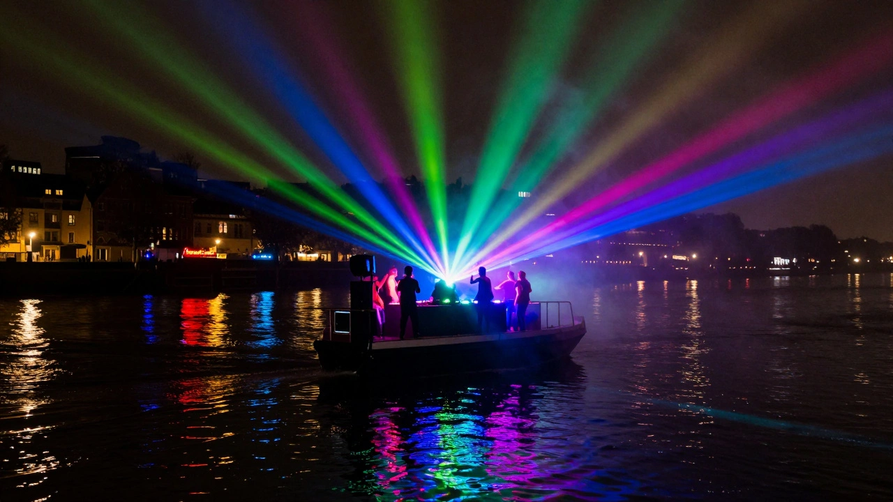DJ booth on a boat with colorful lights projecting onto the river at night.