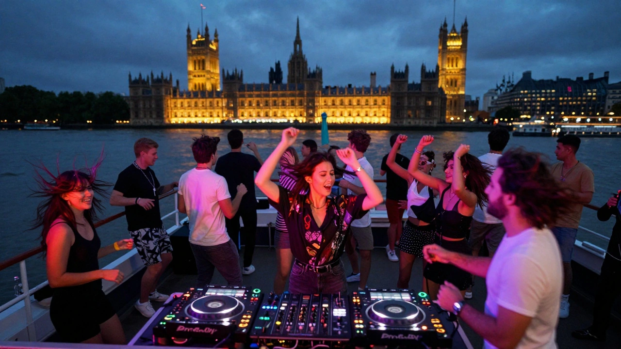 DJ booth on a boat with dancing crowd and London landmarks in the distance