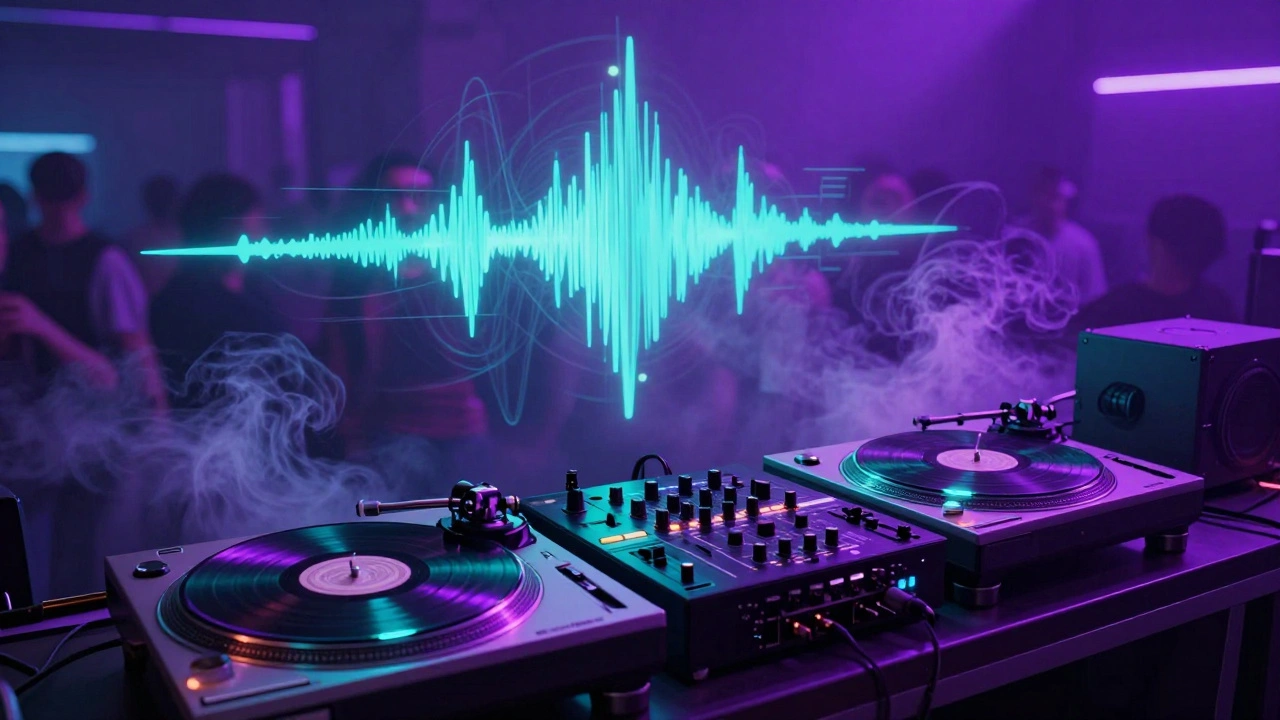 DJ booth with glowing equipment and floating waveform visuals under purple and cyan lights.