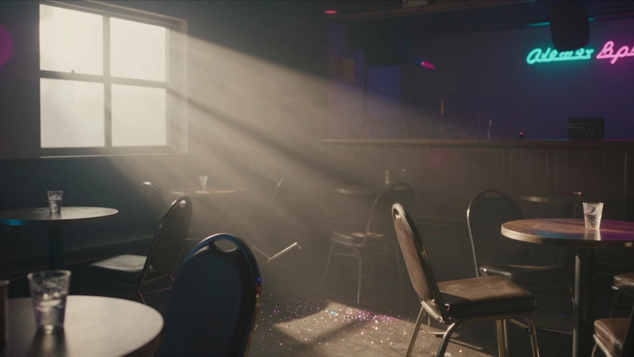 Empty nightclub at dawn with sunlight streaming through windows and overturned chairs