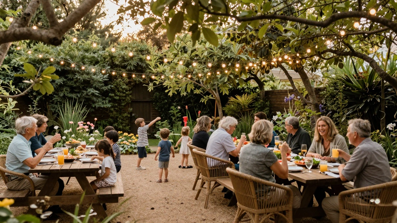 Family celebrating in a garden venue with fairy lights and picnic tables.