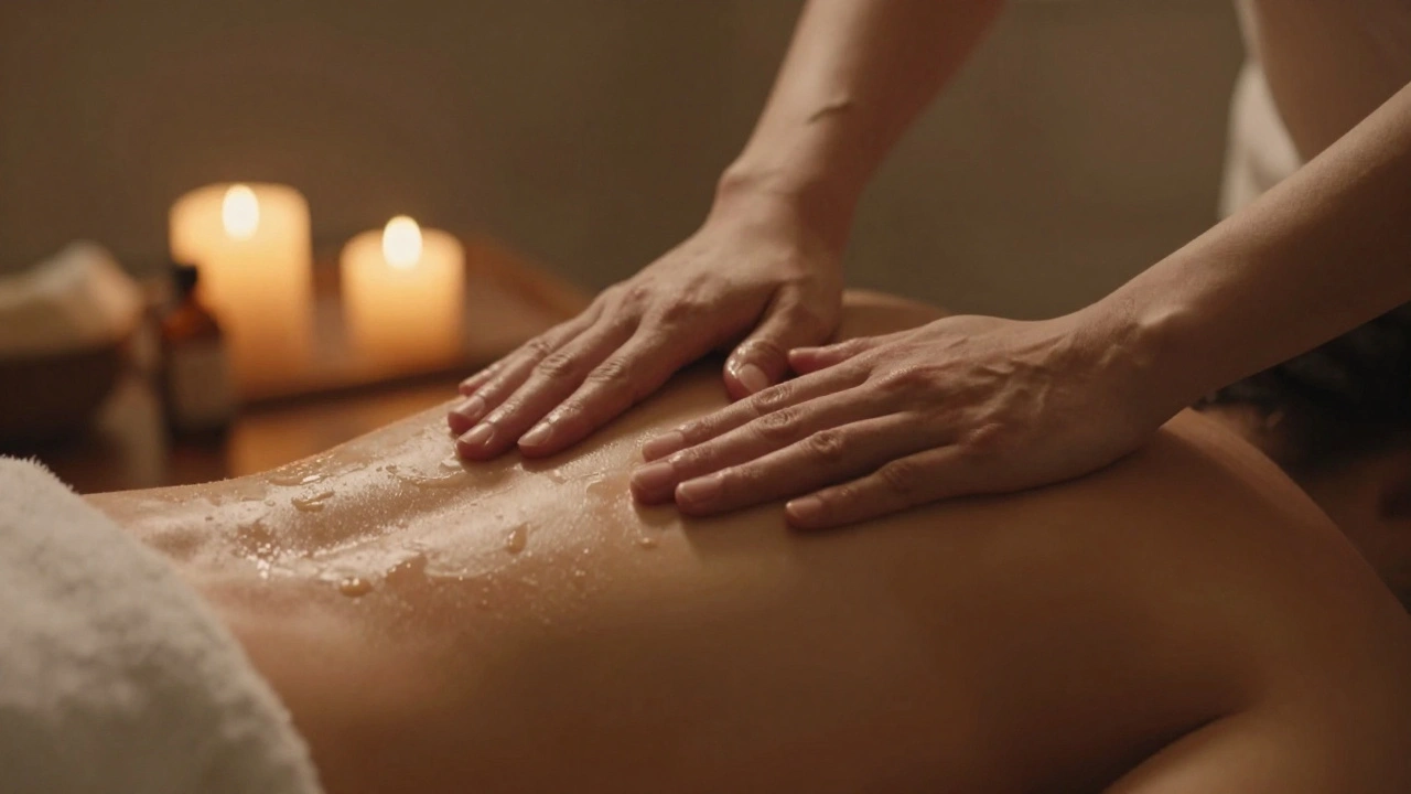 Gentle hands massaging a draped back with warm oil in soft candlelight.