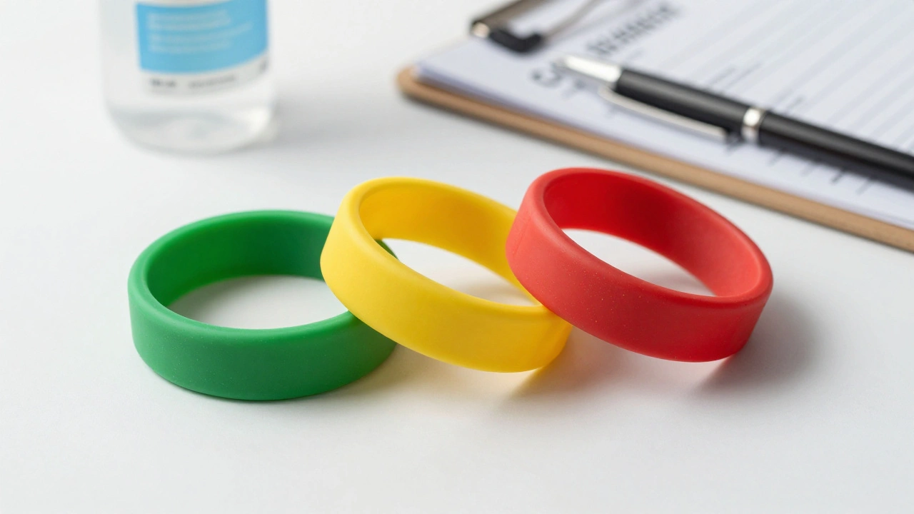 Green, yellow, and red wristbands symbolizing consent signals on a white surface