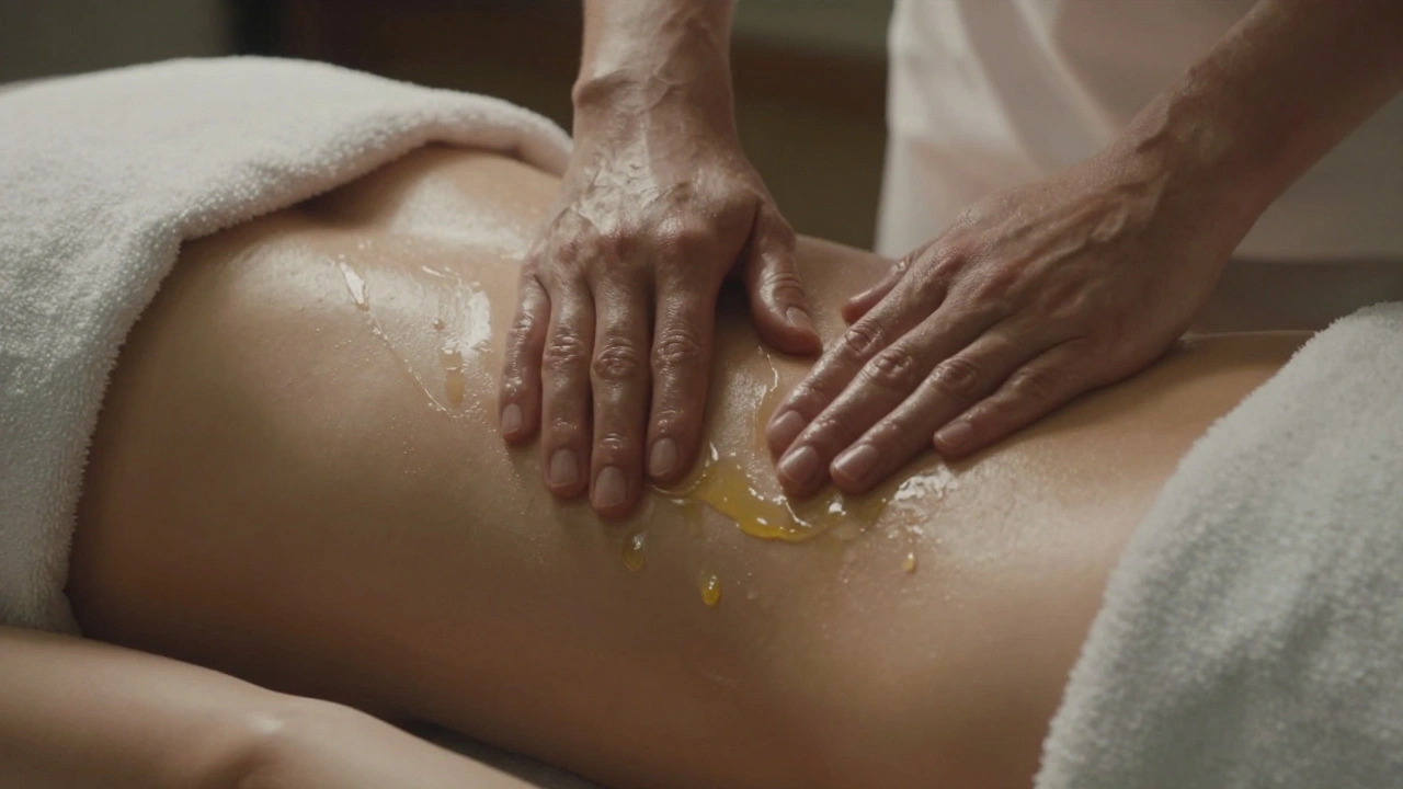 Hands gently applying oil to a back with slow, soothing strokes and a draped towel.